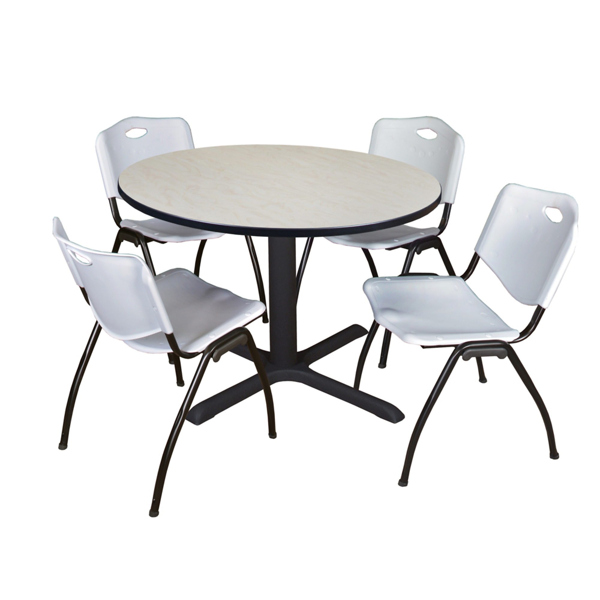 Regency Cain Round Breakroom Table Set — 48in. X-Base Table, Maple/Cherry, 4 Grey Stack Chairs, Model# TB48RNDPL47GY